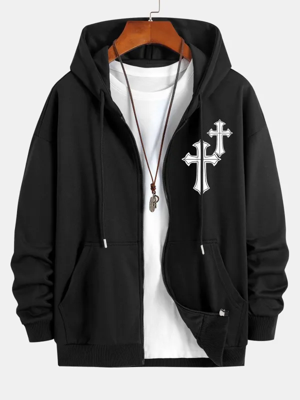 Cross Print Relax Fit Zip Hoodie sold by Hoooyi