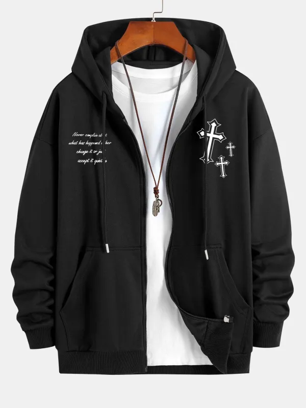 Cross Slogan Print Relax Fit Zip Hoodie made by Hoooyi