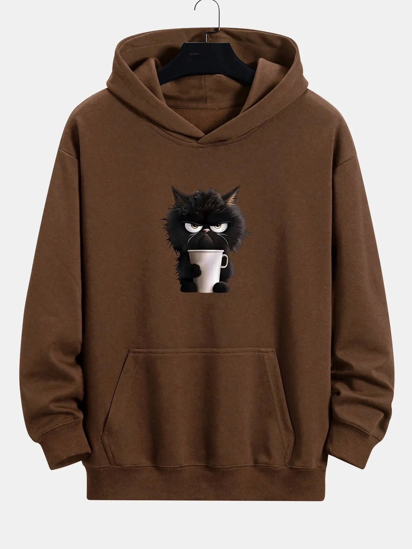 Black Cat Drinking Coffee Print Relax Fit Hoodie sold by Hoooyi product image thumbnail 2