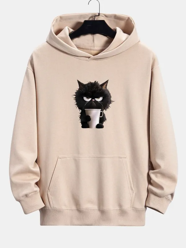 Black Cat Drinking Coffee Print Relax Fit Hoodie sold by Hoooyi