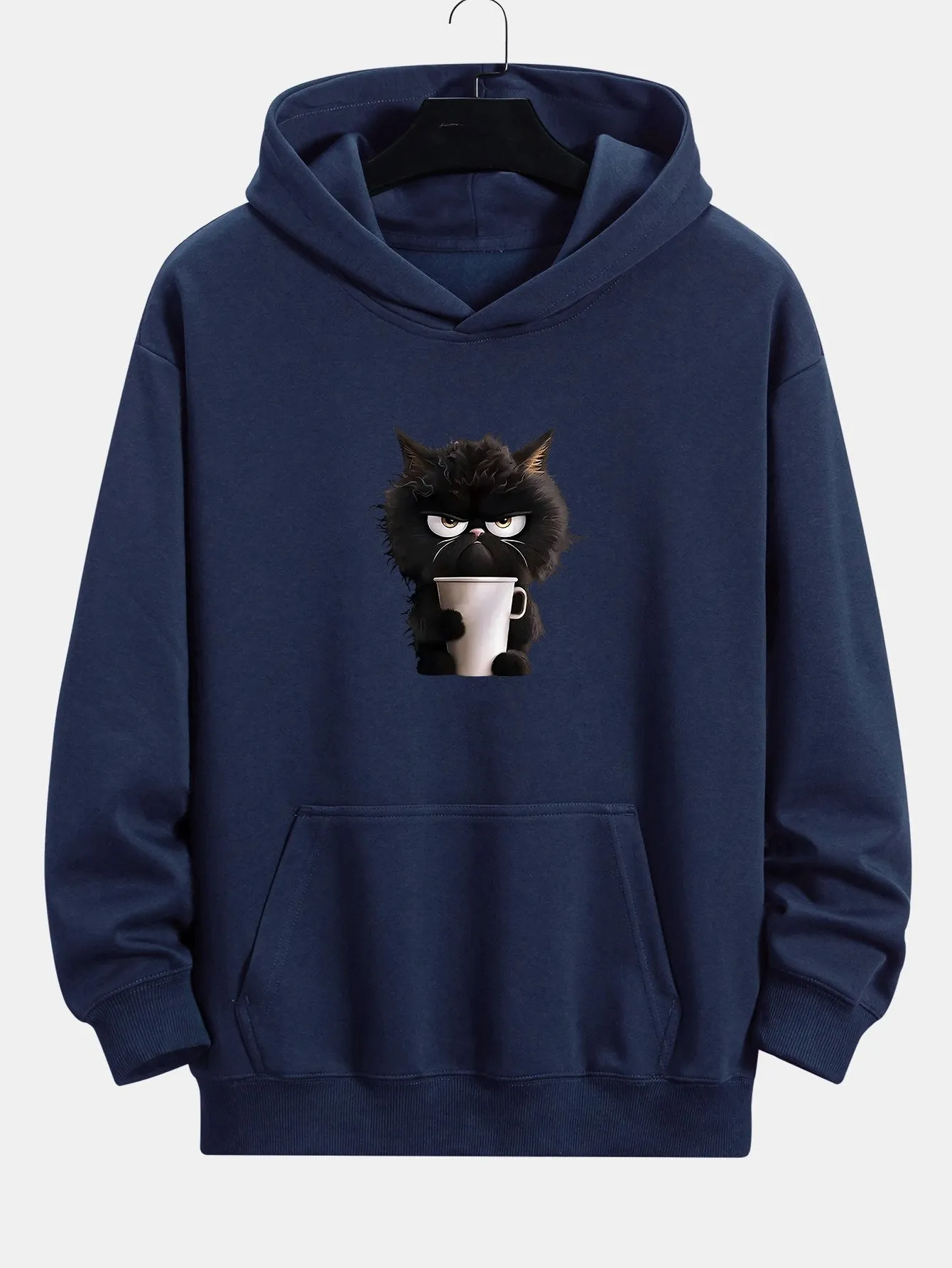 Black Cat Drinking Coffee Print Relax Fit Hoodie sold by Hoooyi product image thumbnail 4