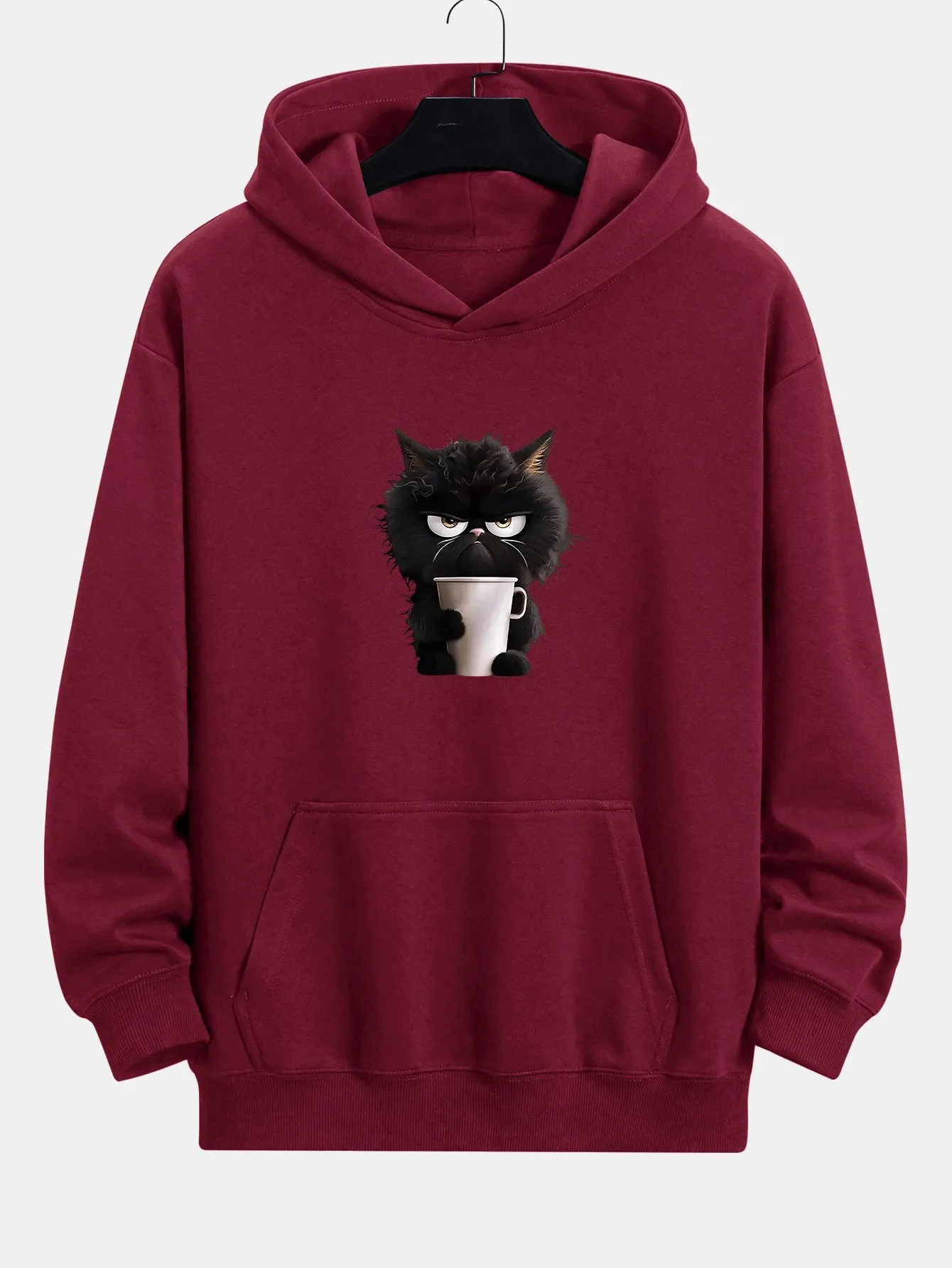 Black Cat Drinking Coffee Print Relax Fit Hoodie sold by Hoooyi product image thumbnail 5