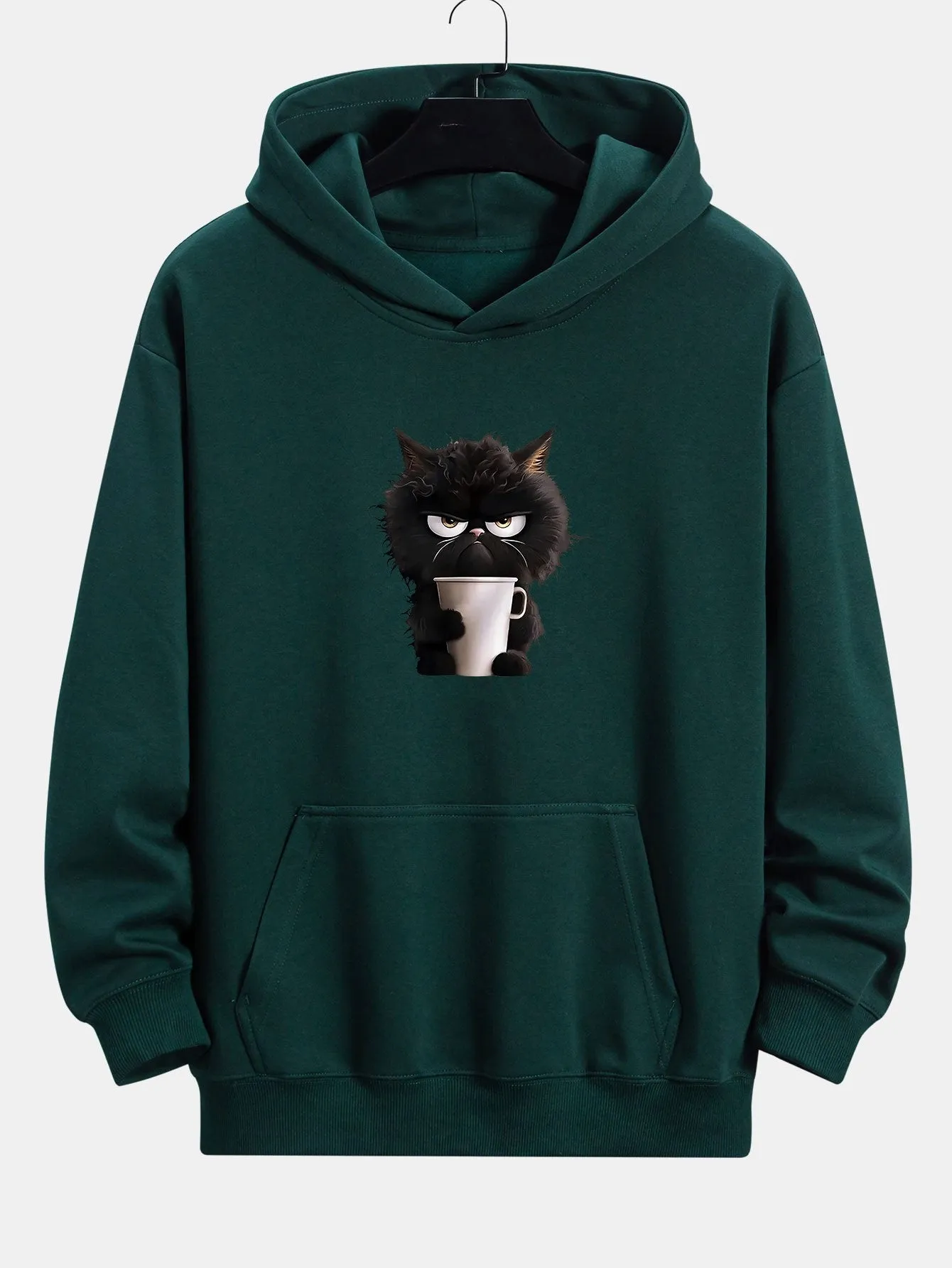 Black Cat Drinking Coffee Print Relax Fit Hoodie sold by Hoooyi product image thumbnail 3