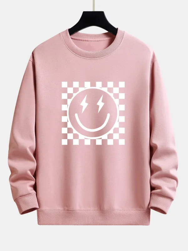 Chessboard Smiley Face Print Relax Fit Sweatshirt sold by Hoooyi