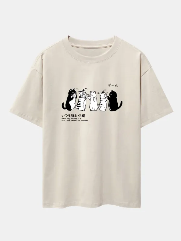 Friend Cat Print Drop Shoulder Oversize T-Shirt sold by Hoooyi