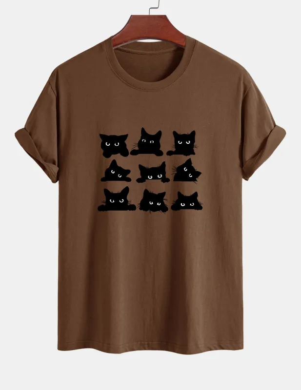 Regular Fit Black Cat Staring Print Cotton T-Shirt sold by Hoooyi