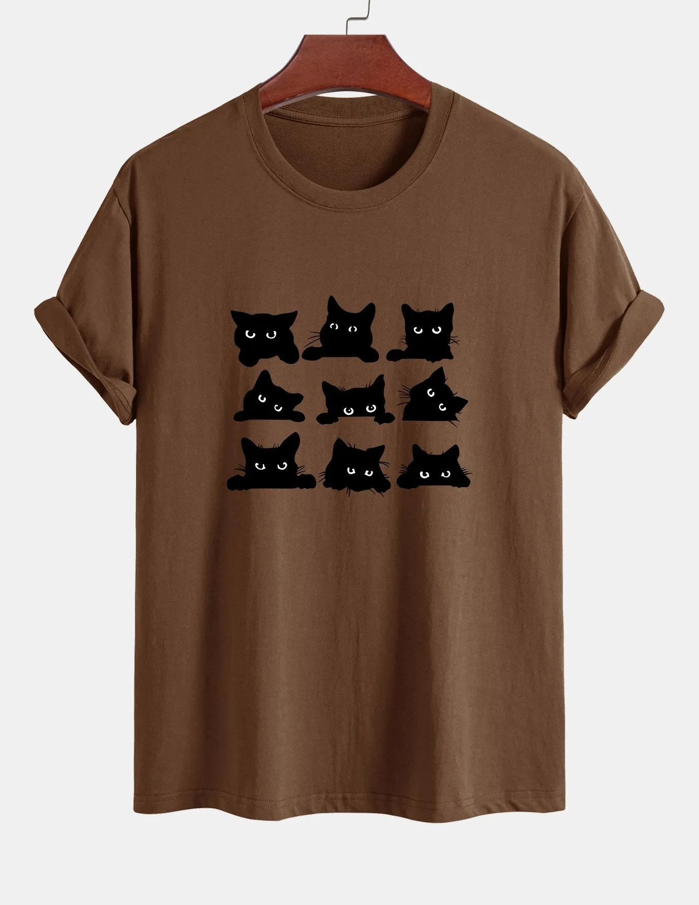 Regular Fit Black Cat Staring Print Cotton T-Shirt sold by Hoooyi