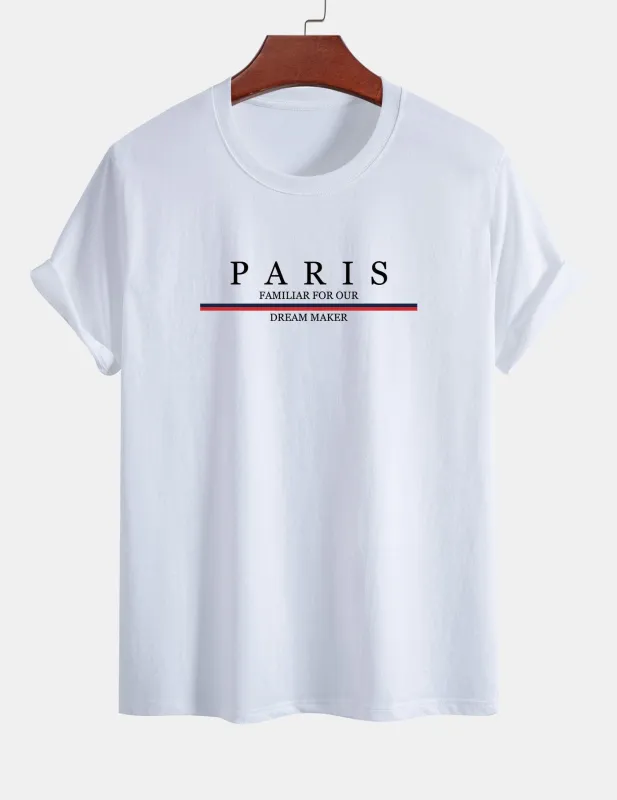 Regular Fit Stripe Paris Slogan Print Cotton T-Shirt sold by Hoooyi