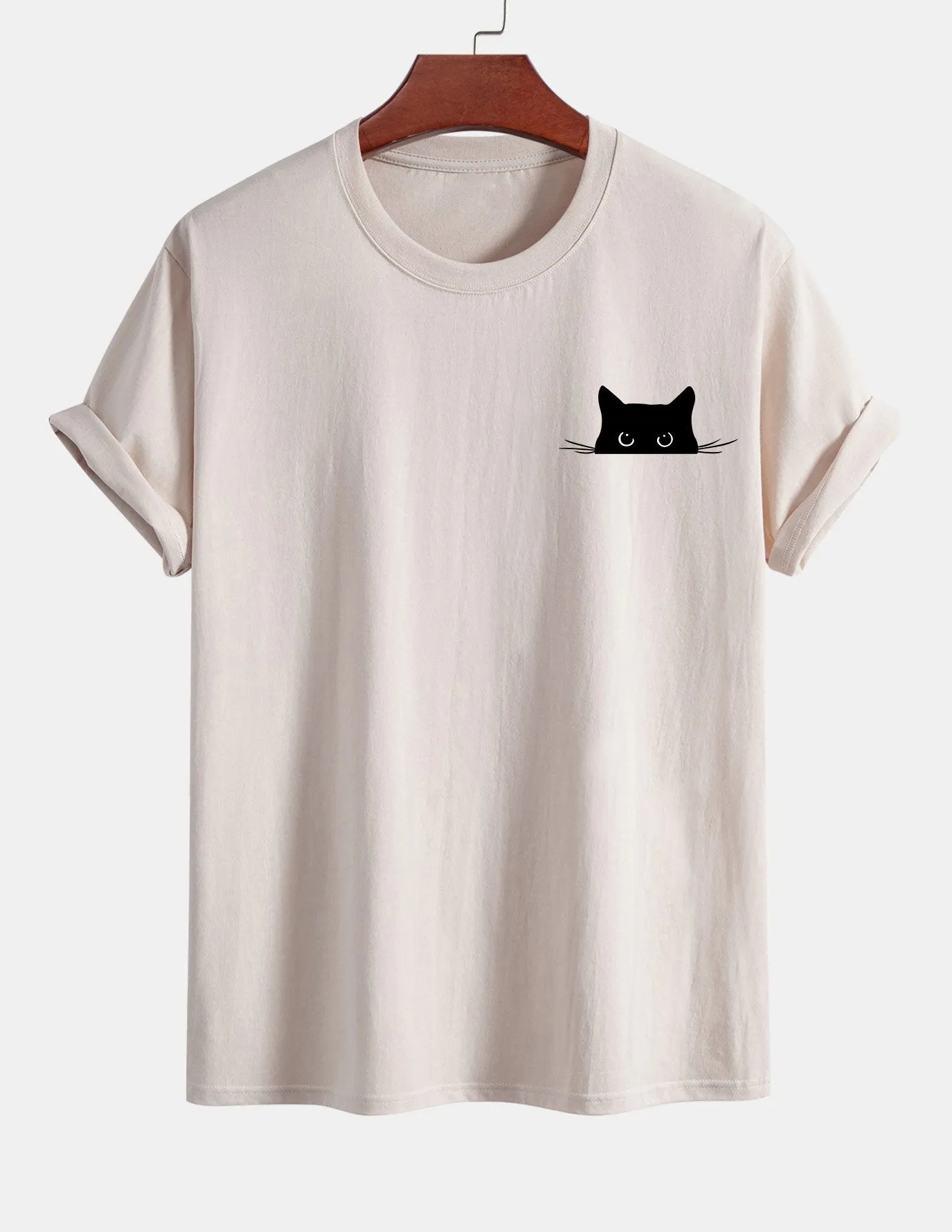 Regular Fit Black Cat Print Cotton T-Shirt sold by Hoooyi