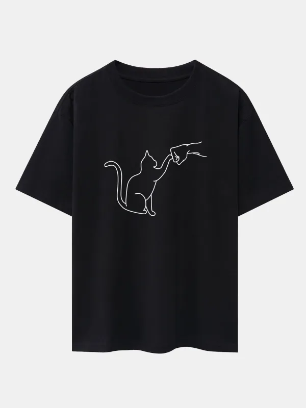 Fist Bump Cat Print Drop Shoulder Oversize T-Shirt made by Hoooyi