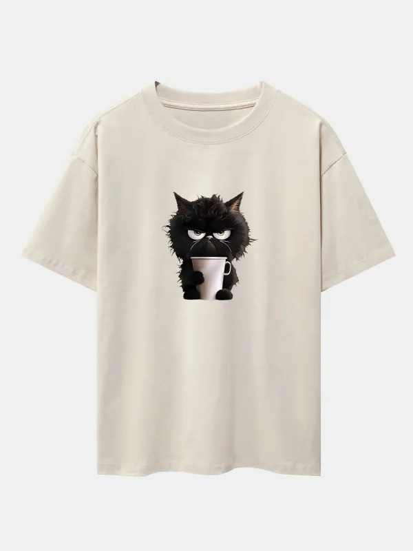 Black Cat Drinking Coffee Print Drop Shoulder Oversize T-Shirt sold by Hoooyi