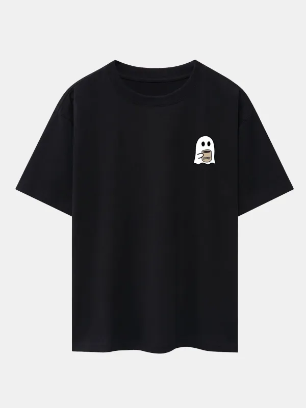 Ghost Drinking Coffee Print Drop Shoulder Oversize T-Shirt sold by Hoooyi