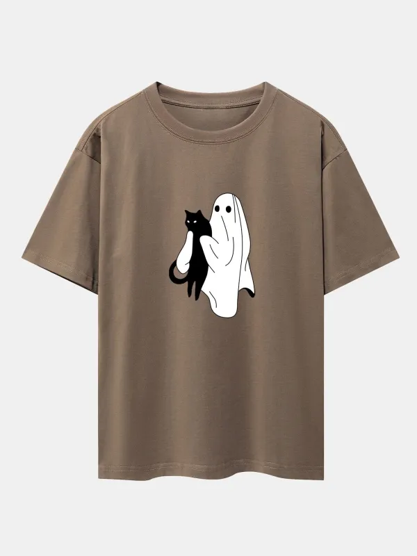 Ghost Black Cat Print Drop Shoulder Oversize T-Shirt sold by Hoooyi