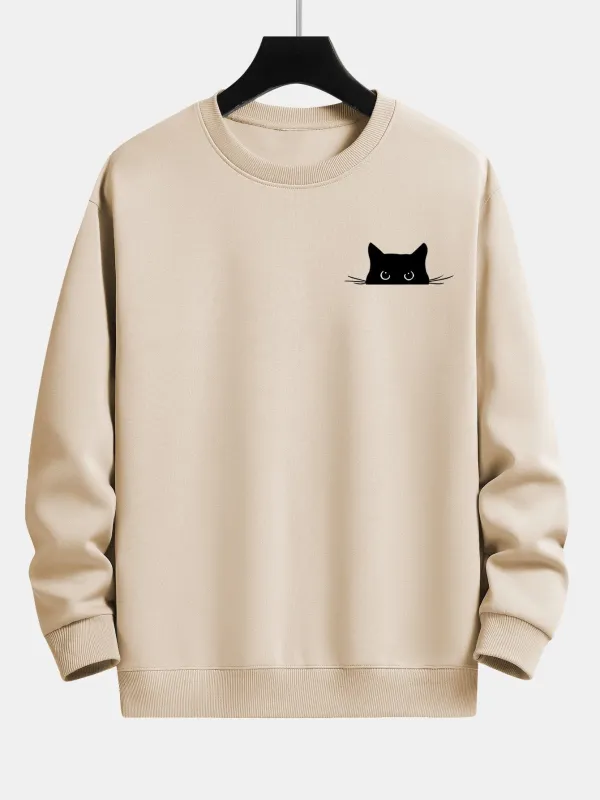 Black Cat Print Relax Fit Sweatshirt sold by Hoooyi