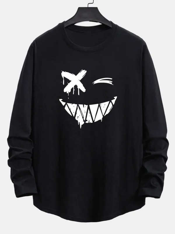 Long Sleeve Graffiti Smiley Face Print Cotton Arc Hem T-Shirt sold by Hoooyi
