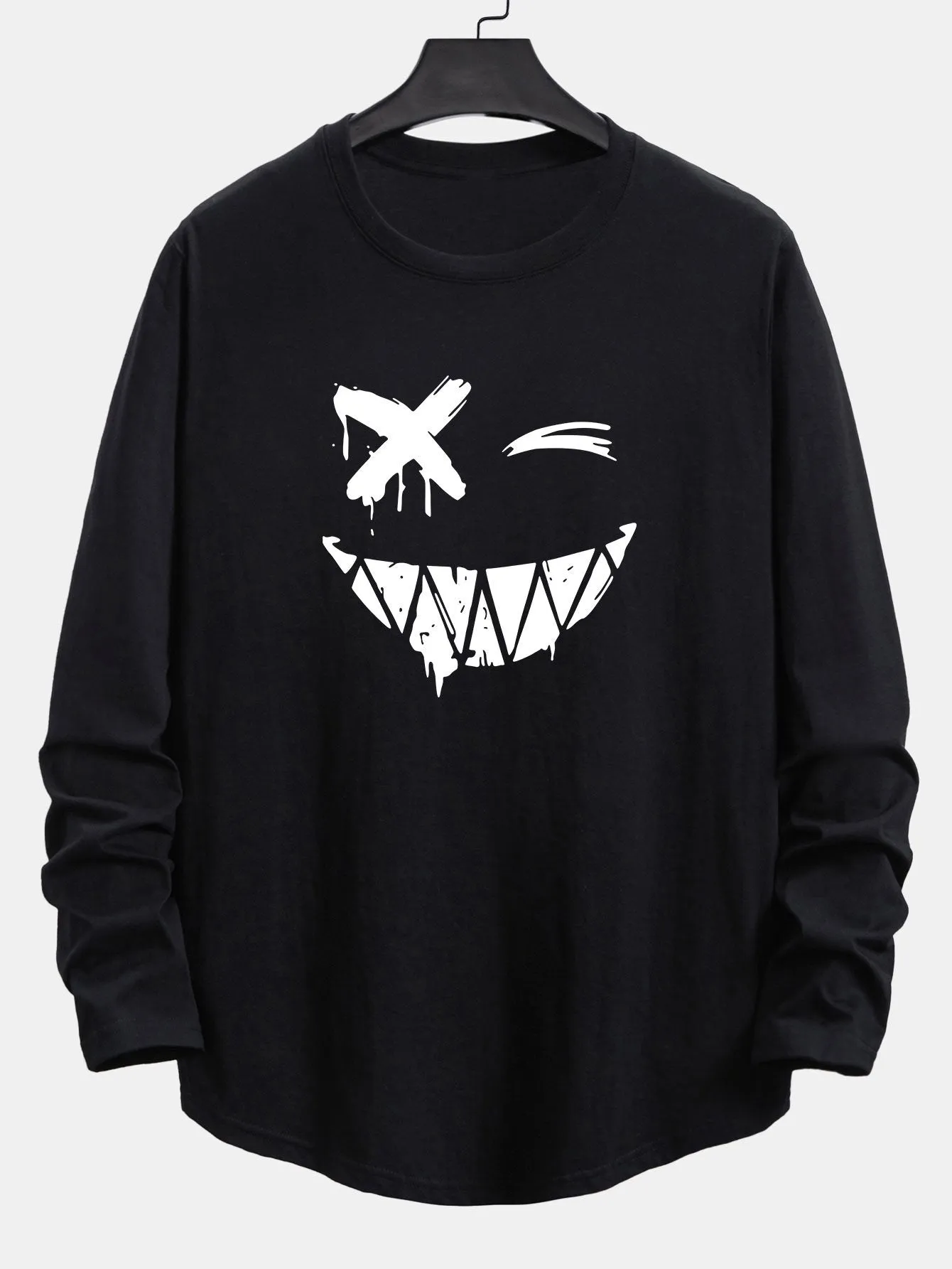 Long Sleeve Graffiti Smiley Face Print Cotton Arc Hem T-Shirt sold by Hoooyi