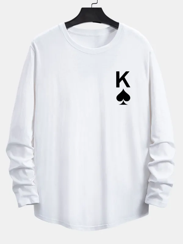Long Sleeve Spade K Print Cotton Arc Hem T-Shirt made by Hoooyi