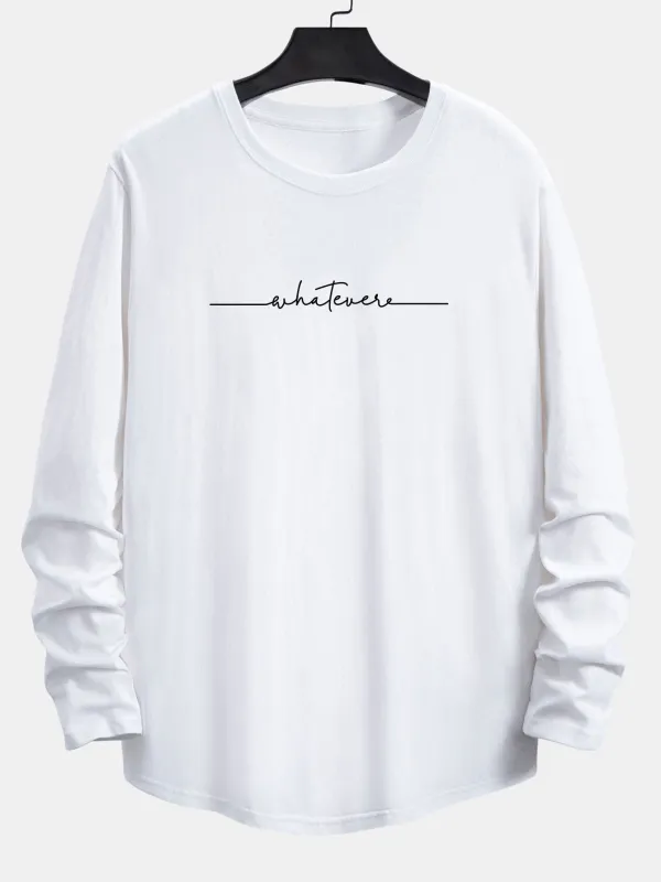 Long Sleeve Slogan Print Cotton Arc Hem T-Shirt sold by Hoooyi