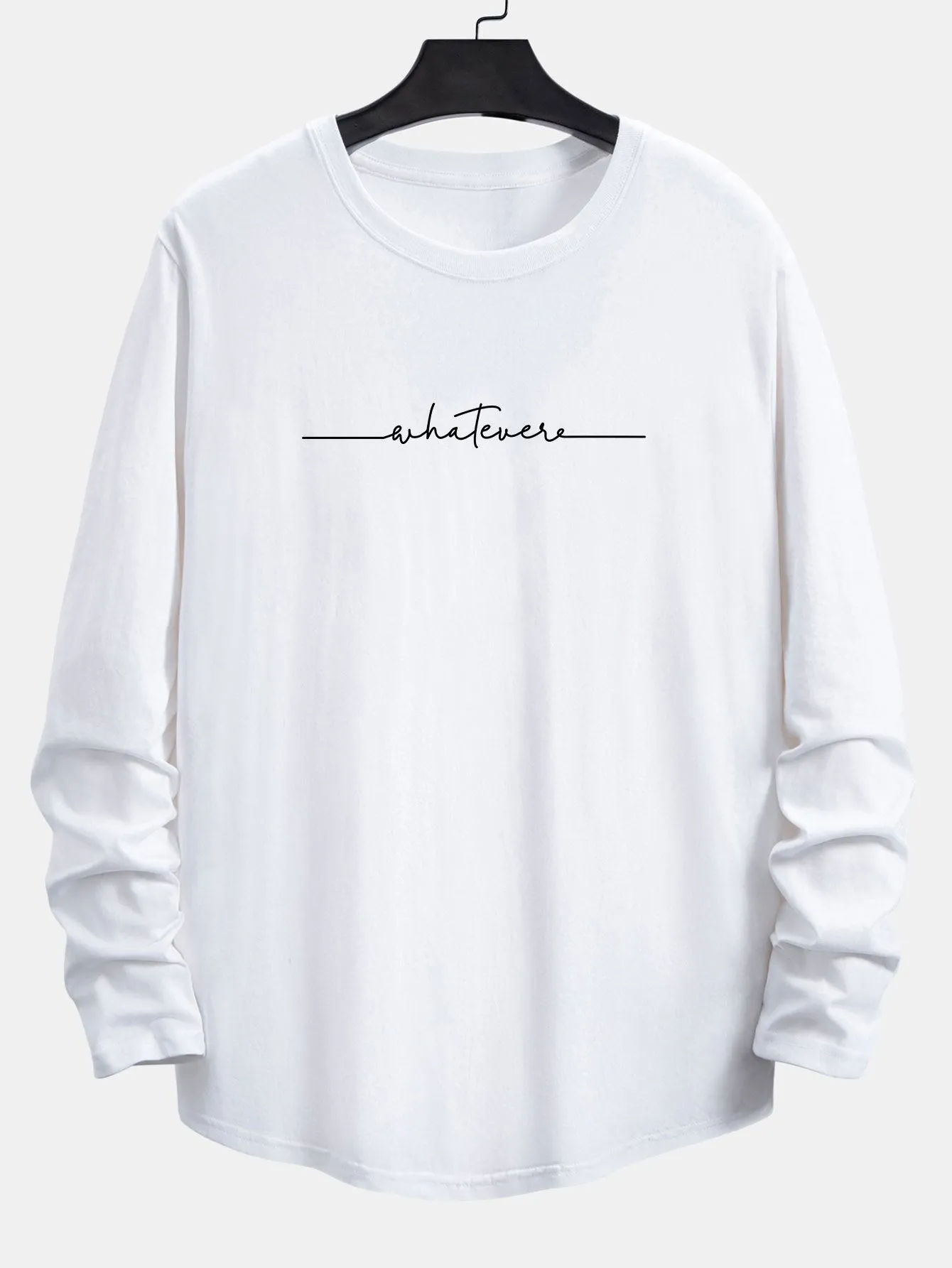 Long Sleeve Slogan Print Cotton Arc Hem T-Shirt sold by Hoooyi