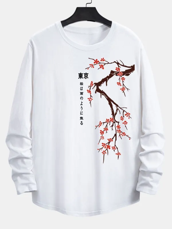 Long Sleeve Cherry Blossoms Print Cotton Arc Hem T-Shirt sold by Hoooyi
