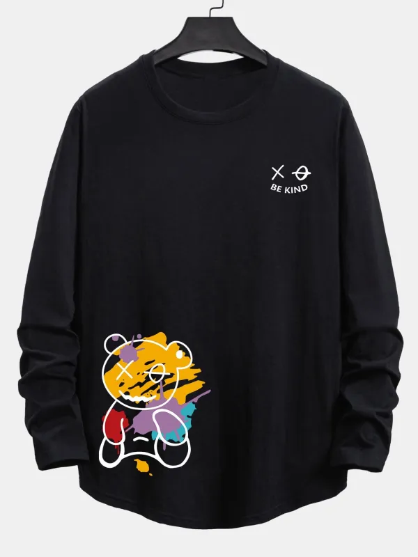 Long Sleeve Graffiti Bear Print Cotton Arc Hem T-Shirt sold by Hoooyi