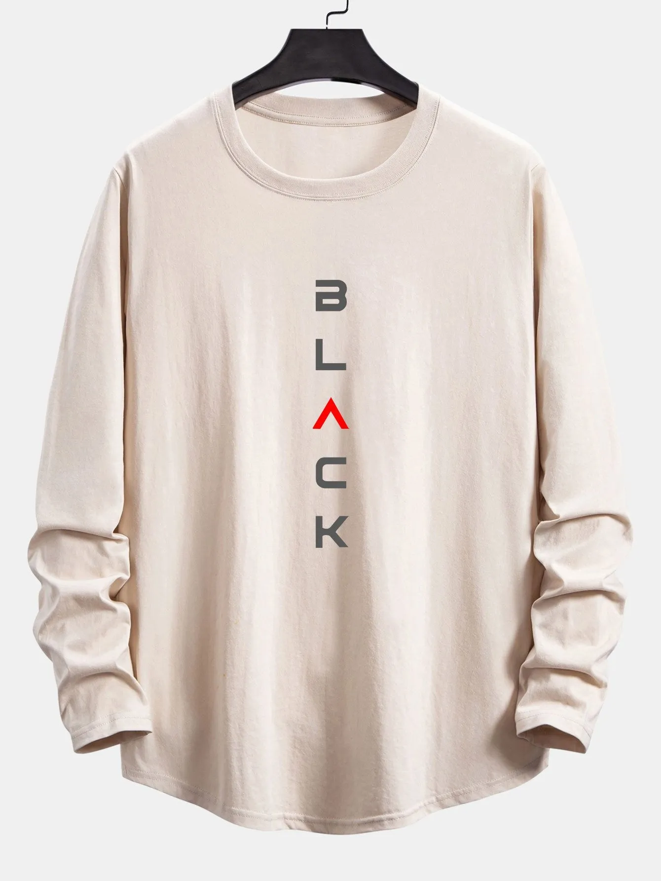 Long Sleeve Black Slogan Print Cotton Arc Hem T-Shirt sold by Hoooyi product image thumbnail 5