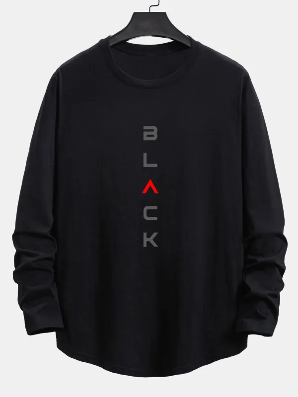 Long Sleeve Black Slogan Print Cotton Arc Hem T-Shirt sold by Hoooyi