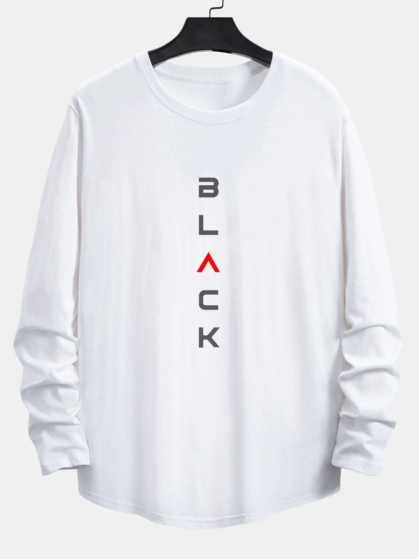 Long Sleeve Black Slogan Print Cotton Arc Hem T-Shirt sold by Hoooyi product image thumbnail 3