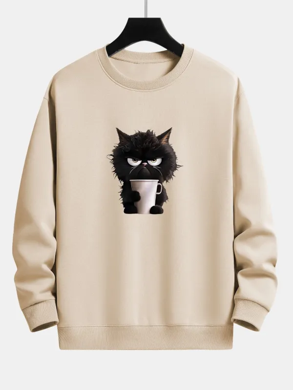 Black Cat Drinking Coffee Print Relax Fit Sweatshirt sold by Hoooyi