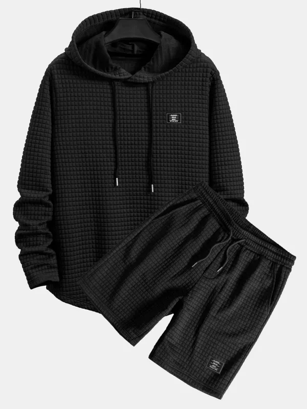 Long Sleeve Waffle Hooded Arc Hem T-Shirt & Waffle Drawstring Shorts made by Hoooyi