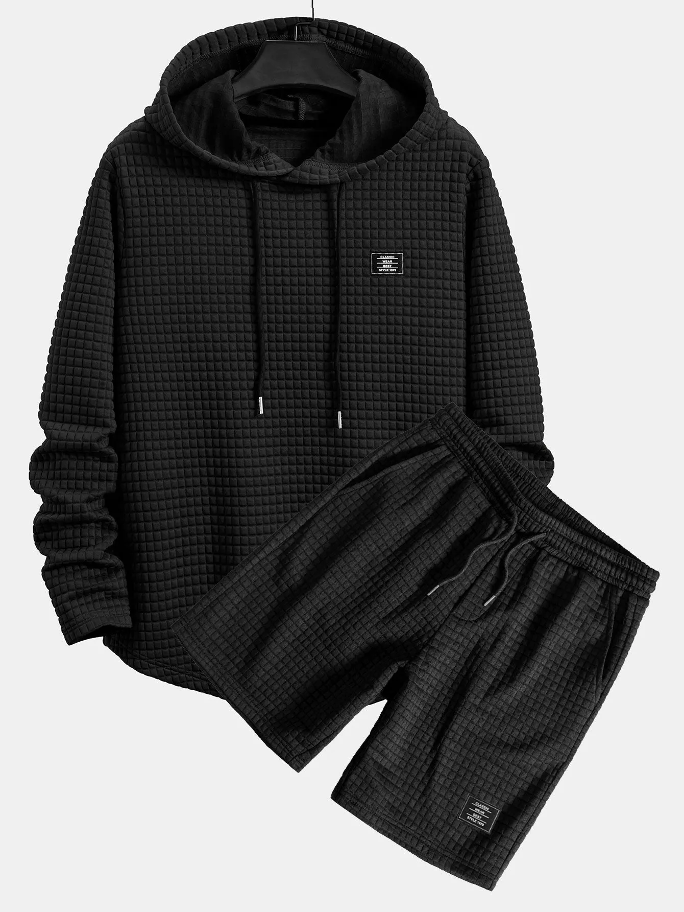 Long Sleeve Waffle Hooded Arc Hem T-Shirt & Waffle Drawstring Shorts sold by Hoooyi