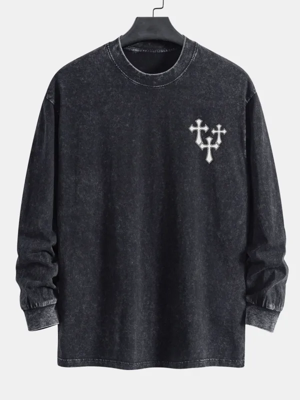 Cross Print Relax Fit Long Sleeve Washed Distressed T-Shirt sold by Hoooyi