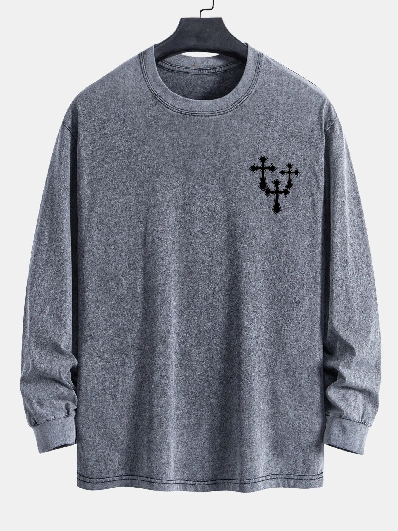 Cross Print Relax Fit Long Sleeve Washed Distressed T-Shirt sold by Hoooyi product image thumbnail 3