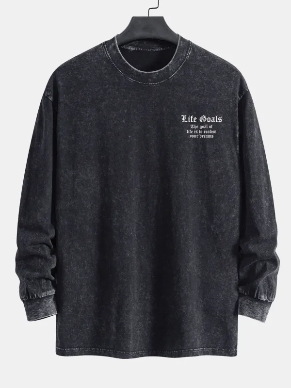 Slogan Print Relax Fit Long Sleeve Washed Distressed T-Shirt sold by Hoooyi