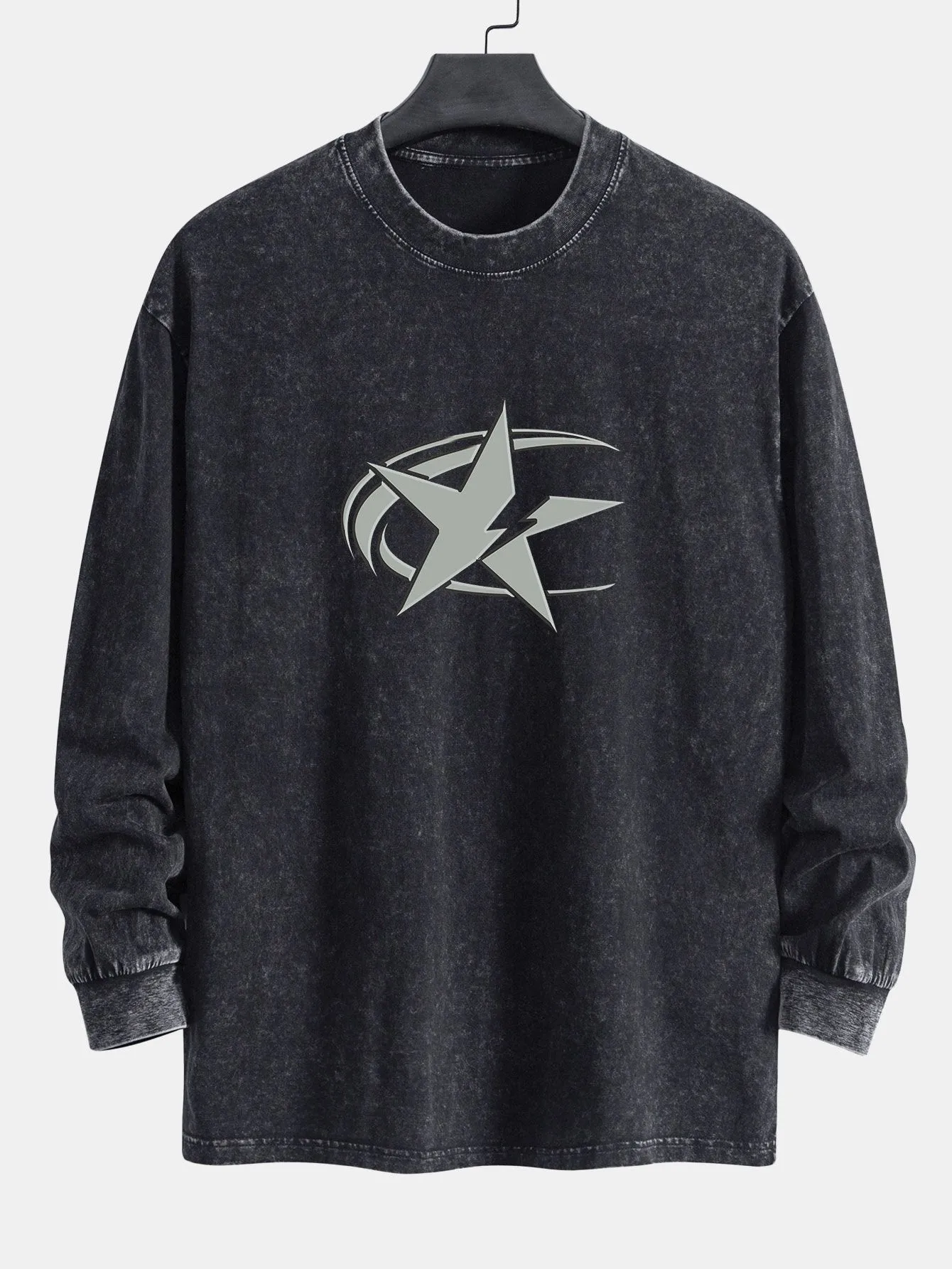 Star Print Relax Fit Long Sleeve Washed Distressed T-Shirt sold by Hoooyi