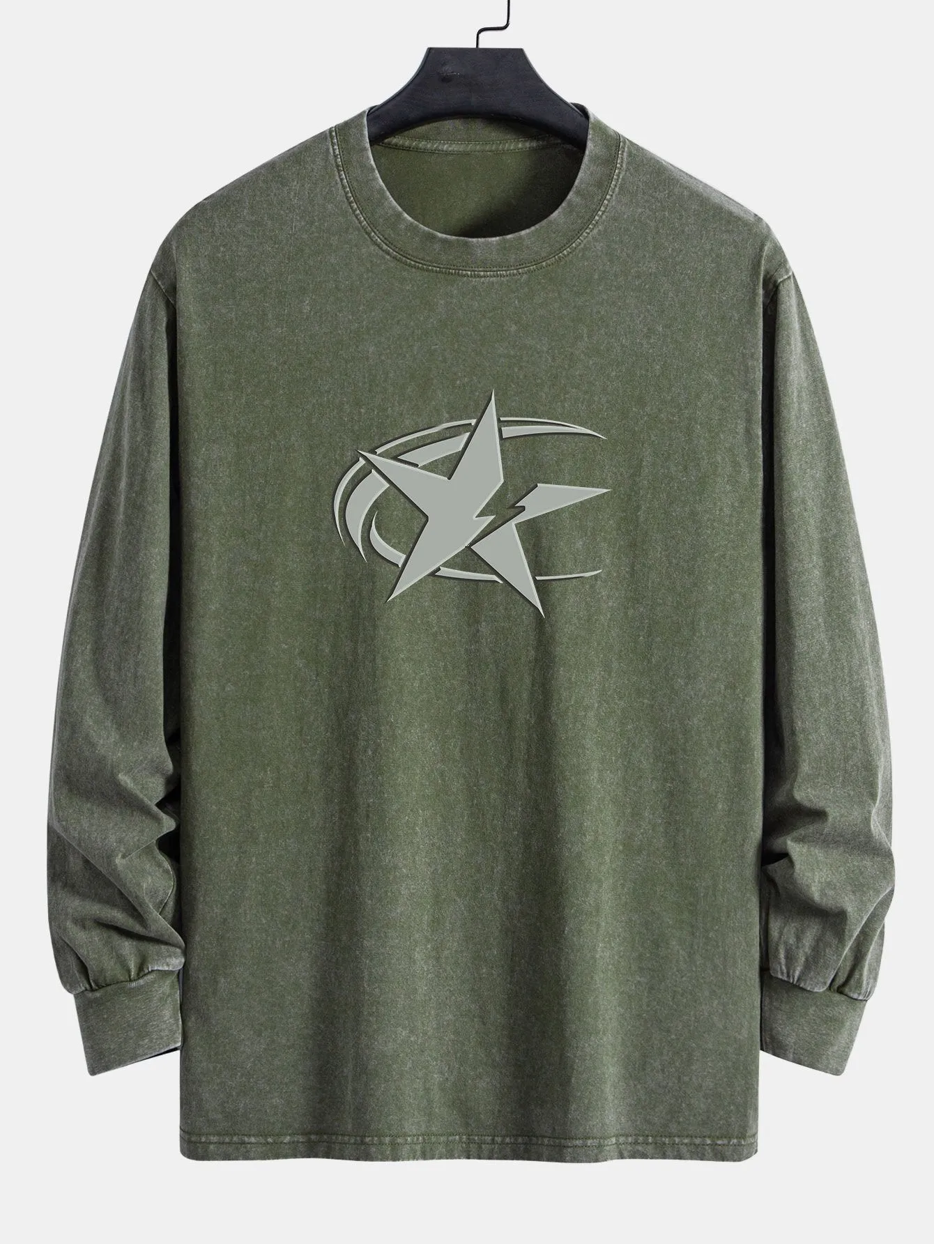 Star Print Relax Fit Long Sleeve Washed Distressed T-Shirt sold by Hoooyi product image thumbnail 3