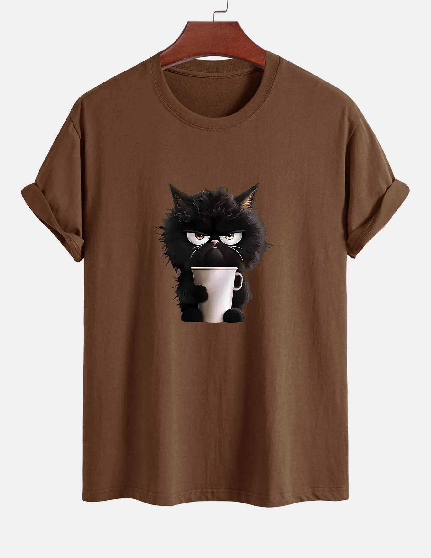 Regular Fit Black Cat Drinking Coffee Print Cotton T-Shirt sold by Hoooyi product image thumbnail 3