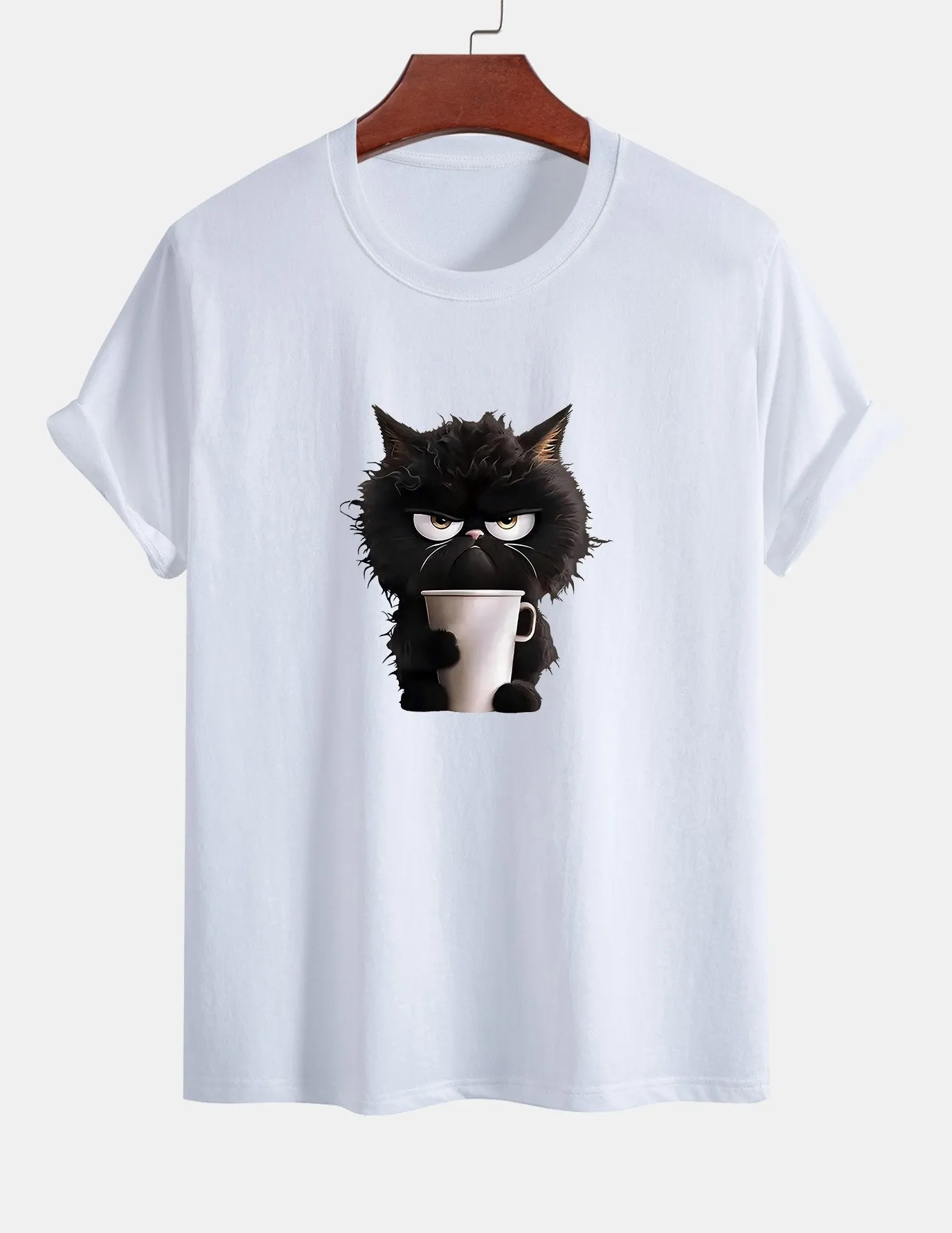 Regular Fit Black Cat Drinking Coffee Print Cotton T-Shirt sold by Hoooyi product image thumbnail 2