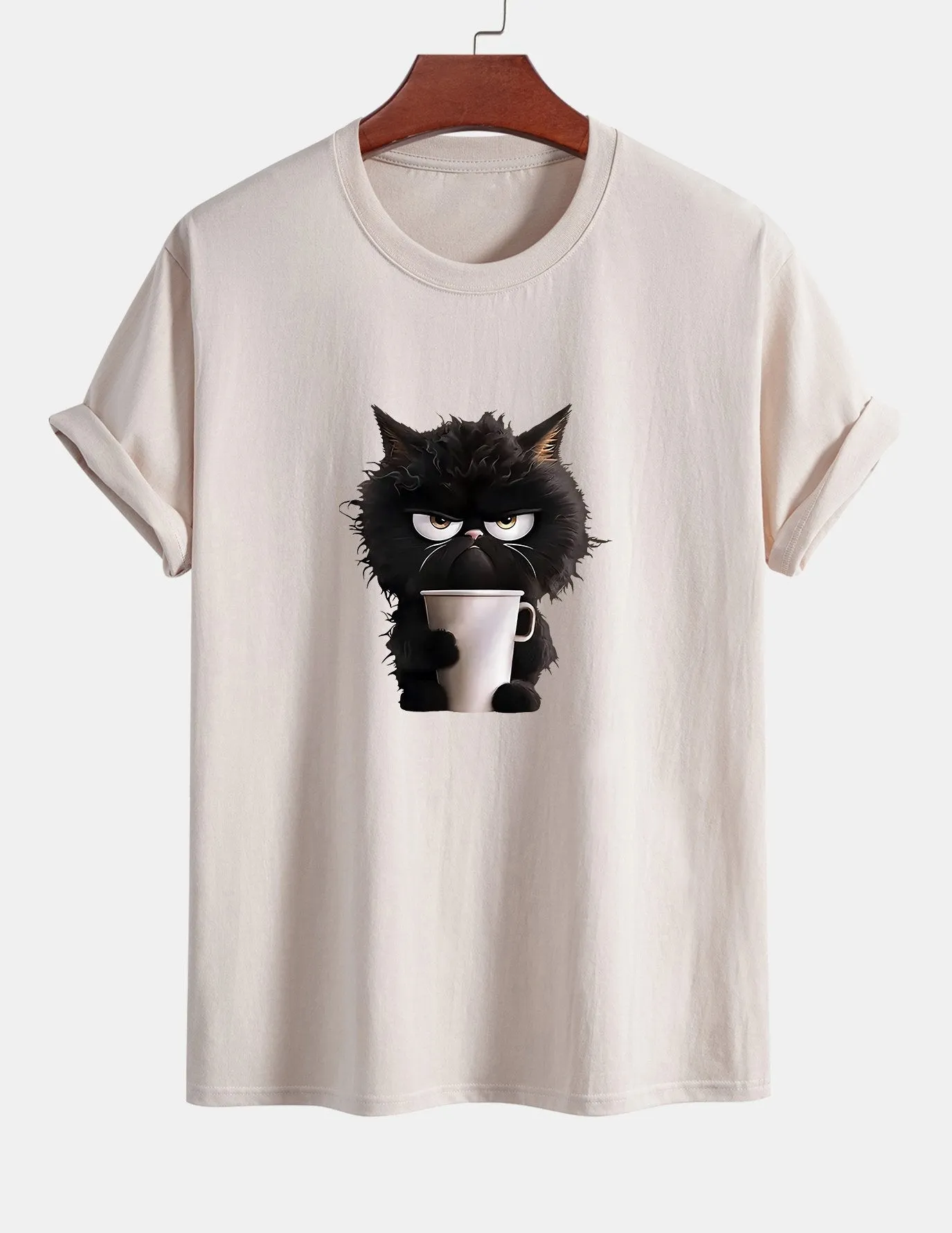Regular Fit Black Cat Drinking Coffee Print Cotton T-Shirt sold by Hoooyi