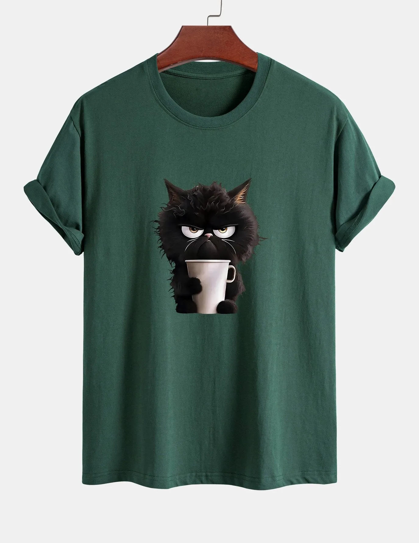 Regular Fit Black Cat Drinking Coffee Print Cotton T-Shirt sold by Hoooyi product image thumbnail 5