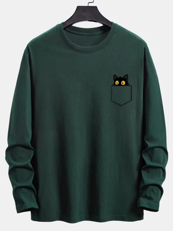 Long Sleeve Pocket Black Cat Print Cotton T-Shirt sold by Hoooyi