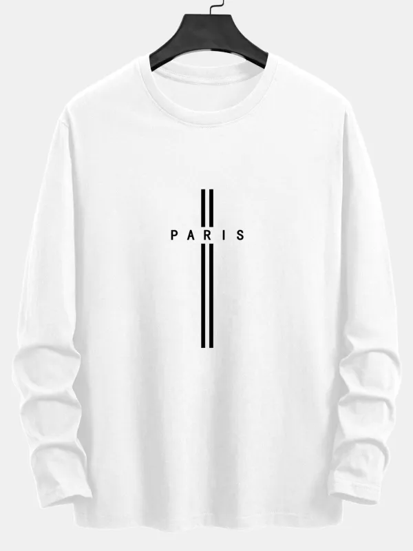 Long Sleeve Paris Stripe Print Cotton T-Shirt sold by Hoooyi