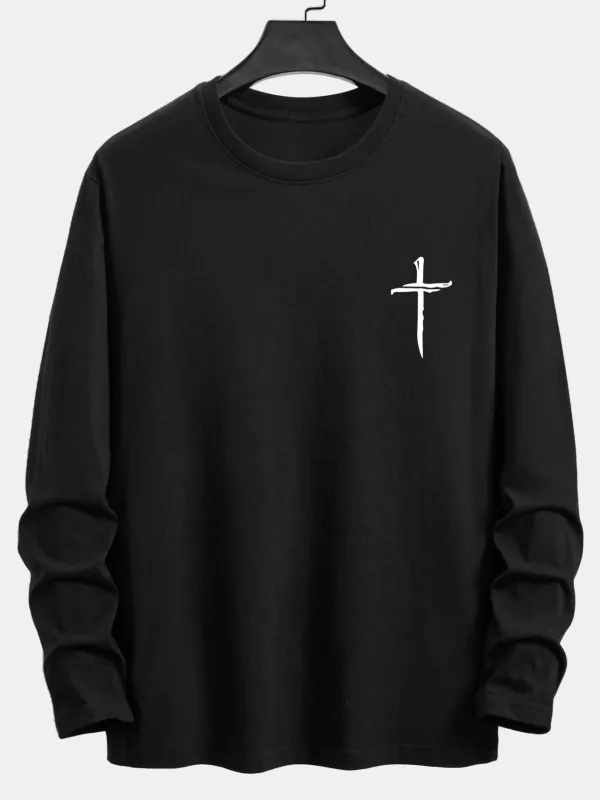 Long Sleeve Cross Print Cotton T-Shirt sold by Hoooyi