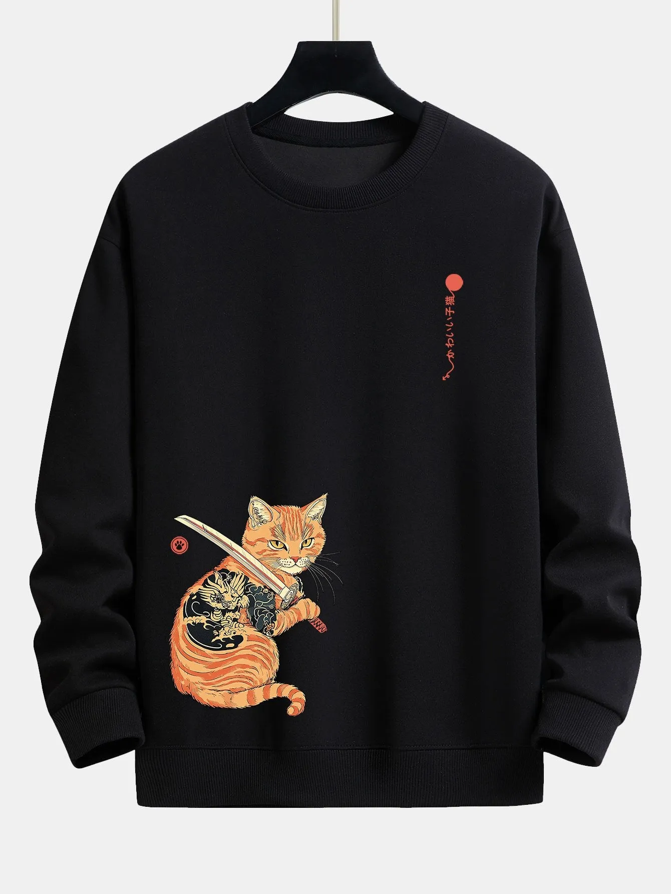 Samurai Warrior Cat Print Relax Fit Sweatshirt sold by Hoooyi