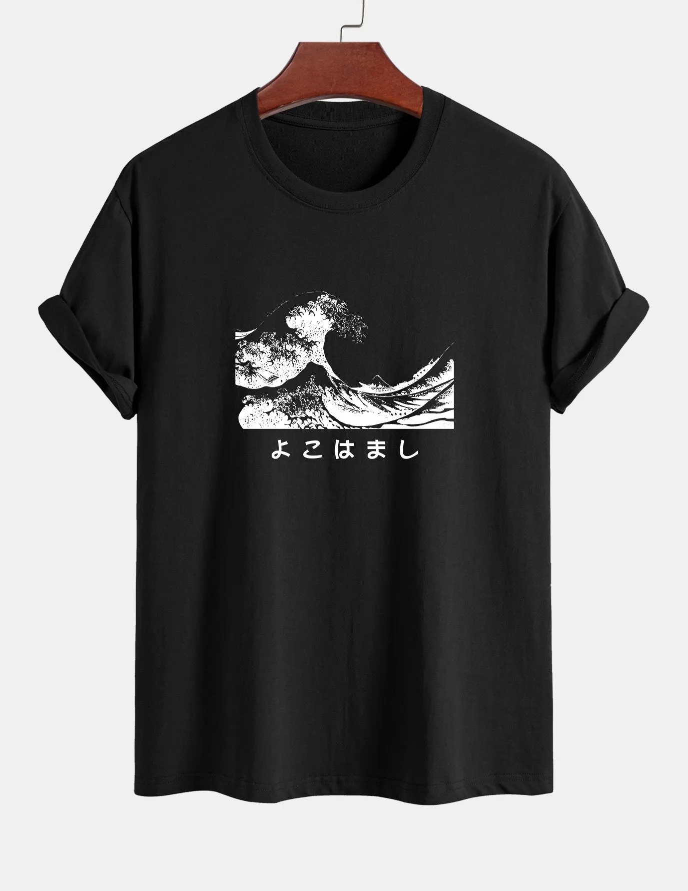 Regular Fit Waves Ukiyo-e Print Cotton T-Shirt sold by Hoooyi