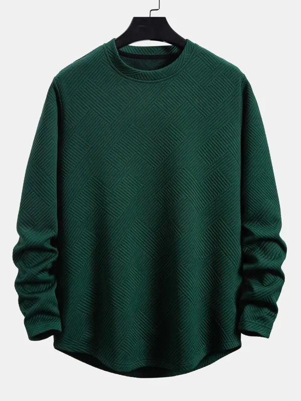 Long Sleeve Stripe Jacquard Arc Hem T-Shirt sold by Hoooyi