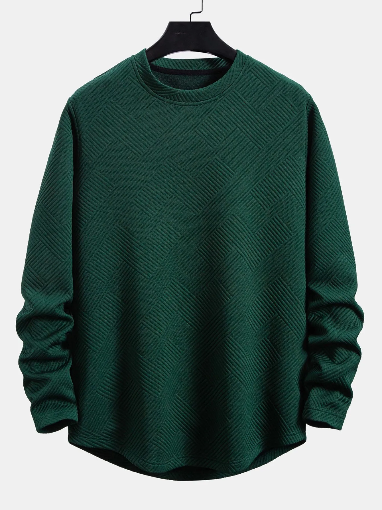 Long Sleeve Stripe Jacquard Arc Hem T-Shirt sold by Hoooyi