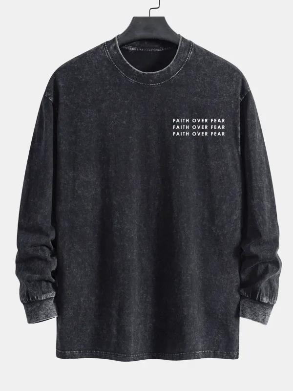 Slogan Print Relax Fit Long Sleeve Washed Distressed T-Shirt sold by Hoooyi