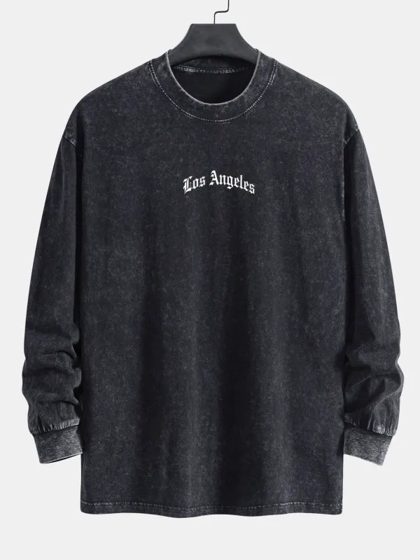 Los Angeles Slogan Print Relax Fit Long Sleeve Washed Distressed T-Shirt made by Hoooyi