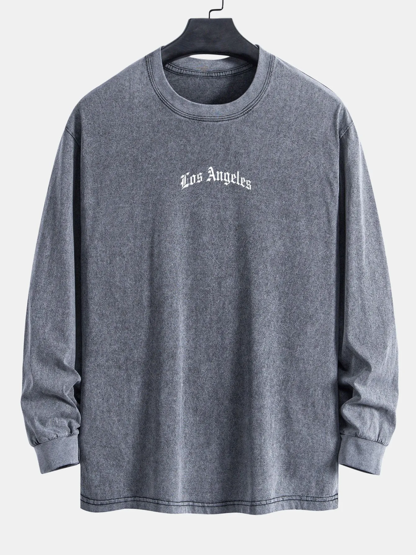 Los Angeles Slogan Print Relax Fit Long Sleeve Washed Distressed T-Shirt sold by Hoooyi product image thumbnail 5